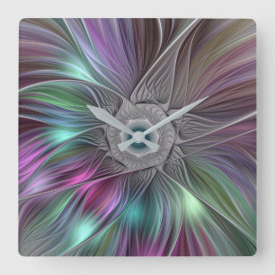 Färgfull, stor blommig Abstrakt Modern Fractal Art Fyrkantig Klocka