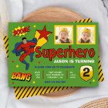 Färgfull superhjälte Kids Photo Birthday-inbjudan Inbjudningar<br><div class="desc">Förbluffa dina gäster med den här färgstarka superhjälten födelsedagsfest inbjudan med en toppen-hjälte i rörelse med vibrant typografi mot en grönt bakgrund. Lägg bara till din händelseinformation på den här lättåtkomliga mallen och lägg till det här kortet med ditt barns favoritfoton på två användor för att göra det till en...</div>