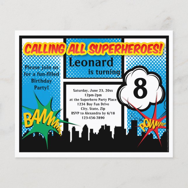 Färgfull superhjälte Tecknad Pojks Födelsedagsfest (Framsida)