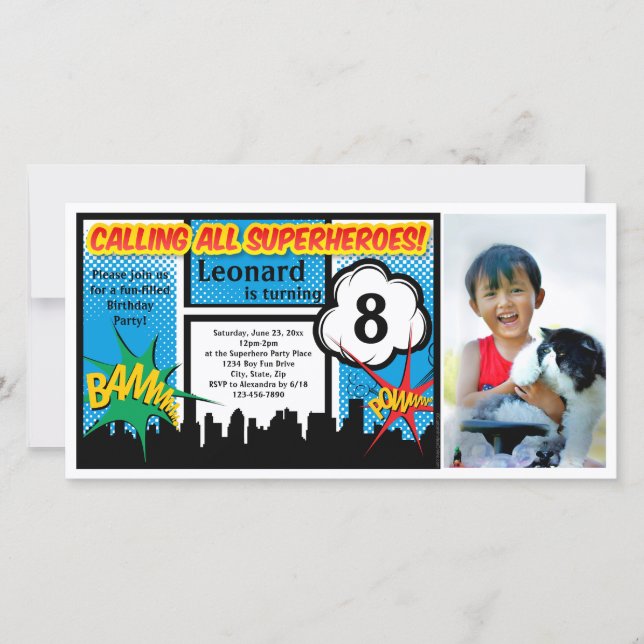 Färgfull superhjälte Tecknad Pojks Födelsedagsfest (Framsida)