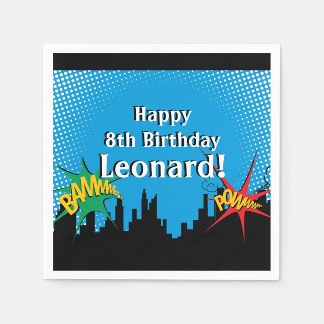 Färgfull superhjälte Tecknad Pojks Födelsedagsfest Pappersservett (Framsidan)