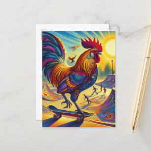 Färgfull Surreal Skateboarding Tupp Vykort