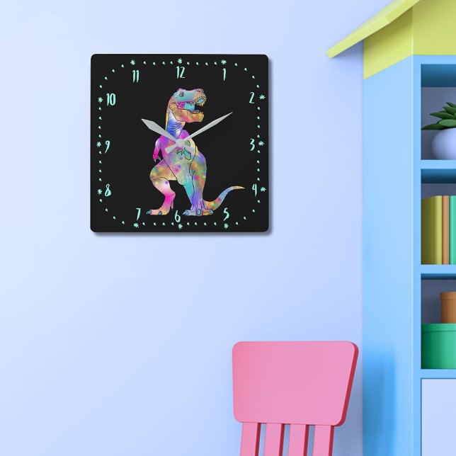 Färgfull T-rex Scary Jurassic Dinosaur Art Fyrkantig Klocka (T-Rex colorful Dinosaur on black wall clock scary Jurassic prehistoric dino illustration )