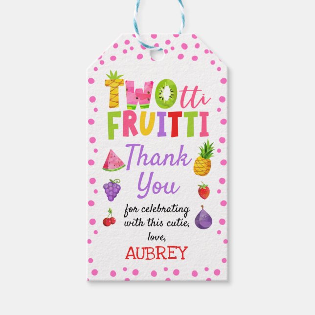 Färgfull Tack med två-tti Frutti Birthday Presentetikett (Framsidan)