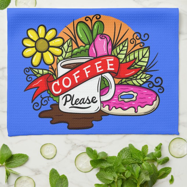 Färgfull Tattokaffe och Donut Kökshandduk (Vikta)