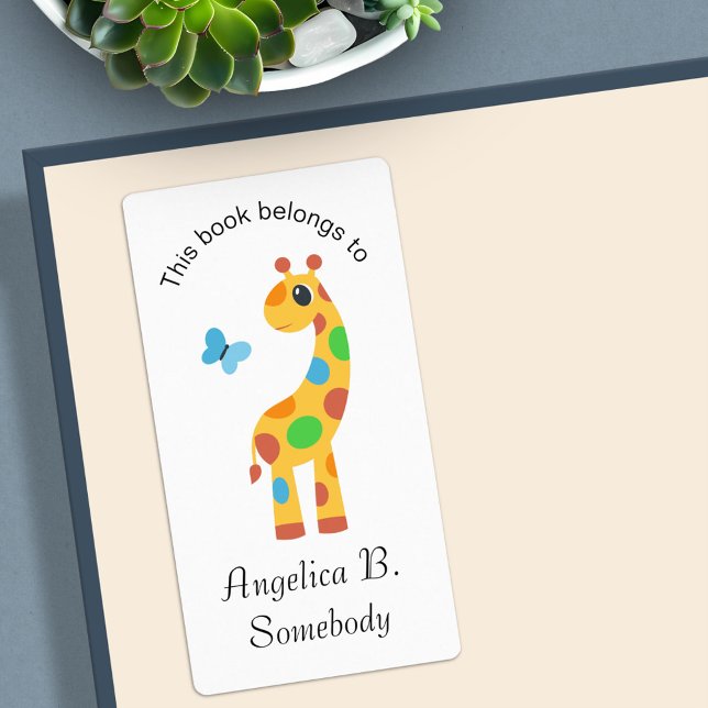 Färgfull Tecknad Giraffe och Butterfly Bookplate Fraktsedel (Skapare uppladdad)