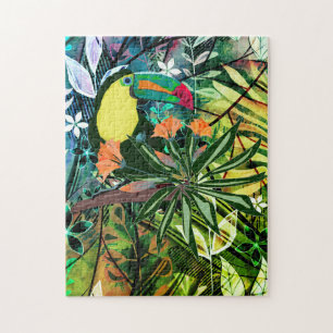 Färgfull Toucan och blommor. Jigszle Puzzle Pussel