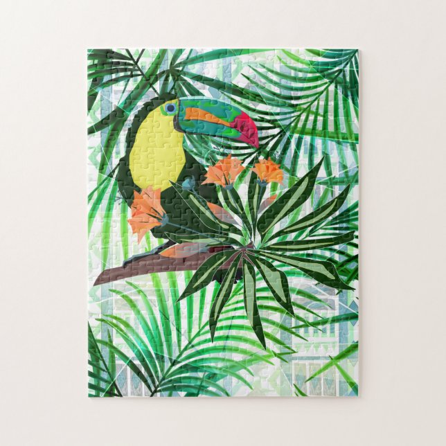 Färgfull Toucan och blommor. Pussel (Vertikal)