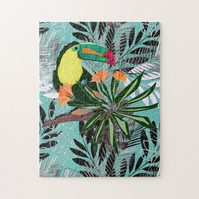 Färgfull Toucan och blommor. Pussel (Vertikal)