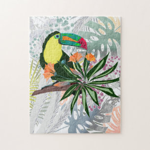 Färgfull Toucan och blommor. Pussel