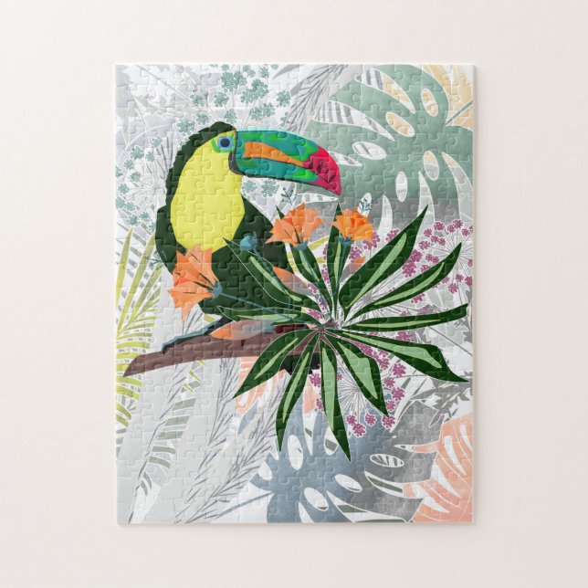 Färgfull Toucan och blommor. Pussel (Vertikal)