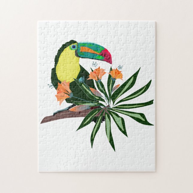 Färgfull Toucan och blommor. Pussel (Vertikal)