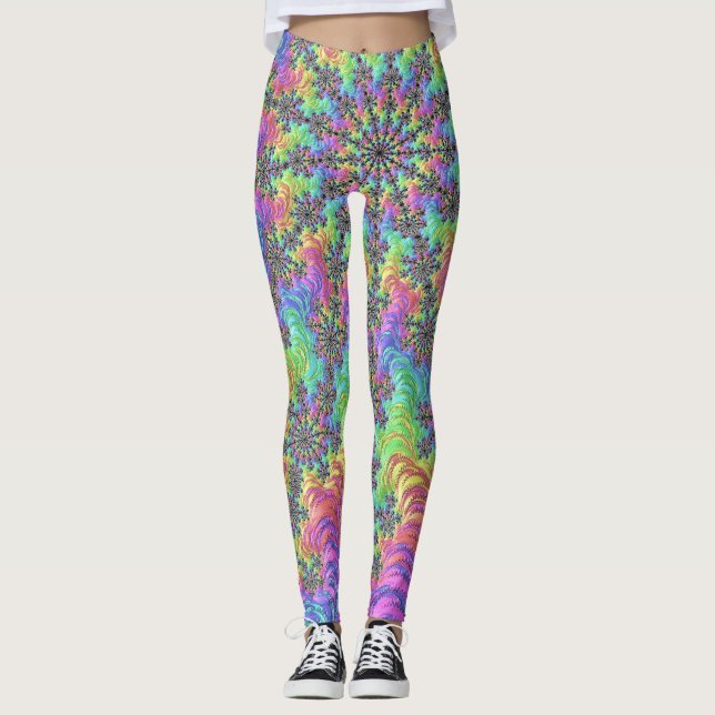 Färgfull Trippy Vibrant Groovy Fractal Burst Leggings (Framsida)