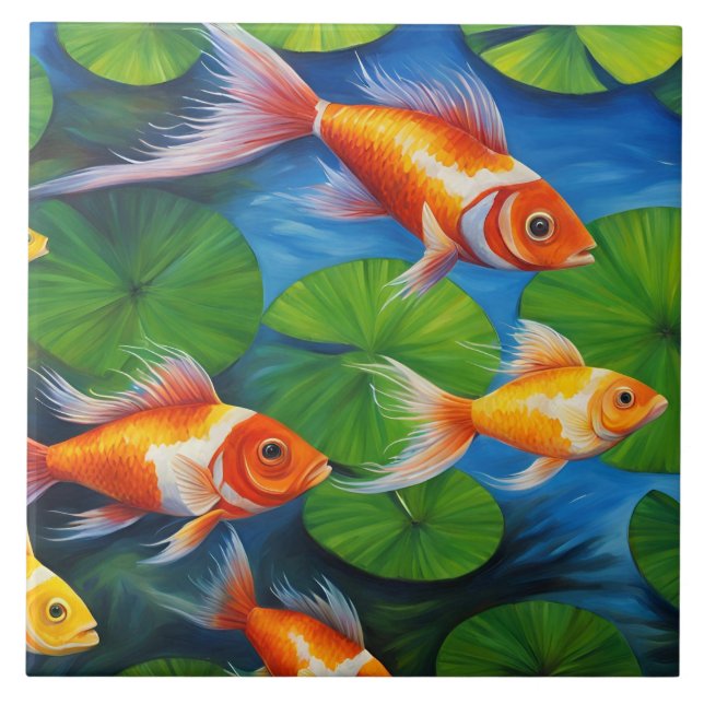 Färgfull Tropical Fish Swimming i dammen Kakelplatta (Framsidan)