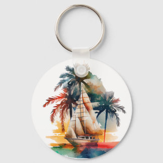 Färgfull Tropical Handflatan och Sailboat Keychain Nyckelring