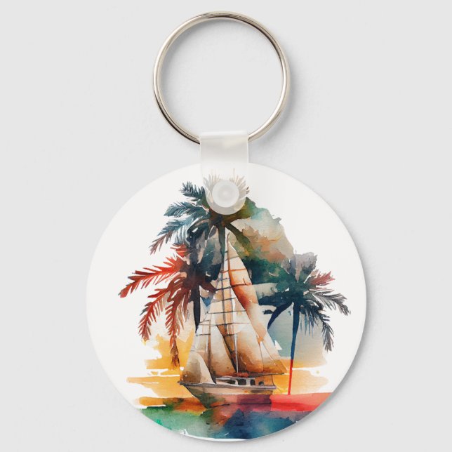 Färgfull Tropical Handflatan och Sailboat Keychain Nyckelring (Framsida)
