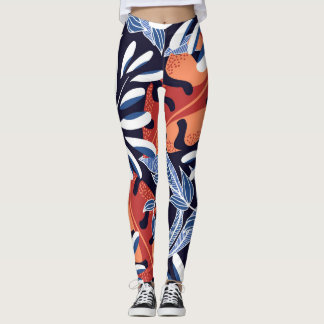 Färgfull Tropical Löv Blue Background Leggings
