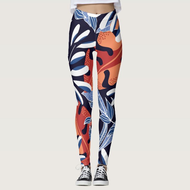 Färgfull Tropical Löv Blue Background Leggings (Framsida)
