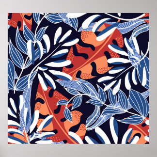 Färgfull Tropical Löv Blue Background Poster