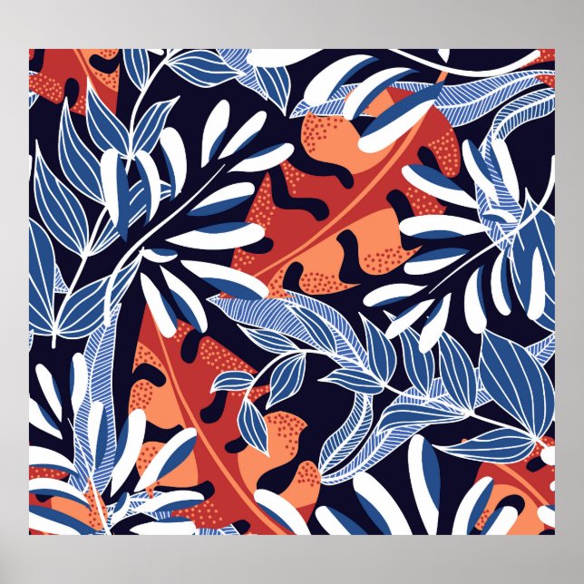 Färgfull Tropical Löv Blue Background Poster (Framsidan)