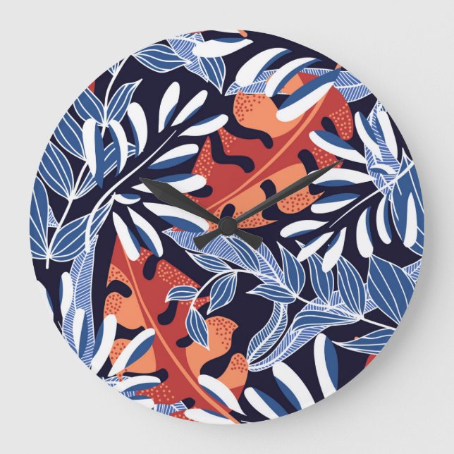 Färgfull Tropical Löv Blue Background Stor Klocka (Framsida)