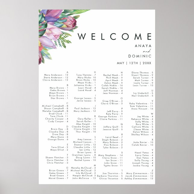 Färgfull tropisk | Alfabetiskt sittningsschema Poster (Framsidan)
