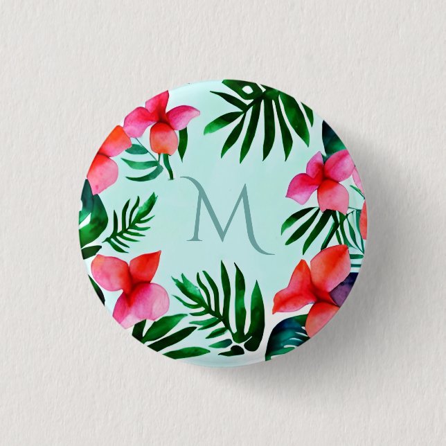 Färgfull tropisk Blommigt Foliage Vattenfärgad Anp Knapp (Framsida)