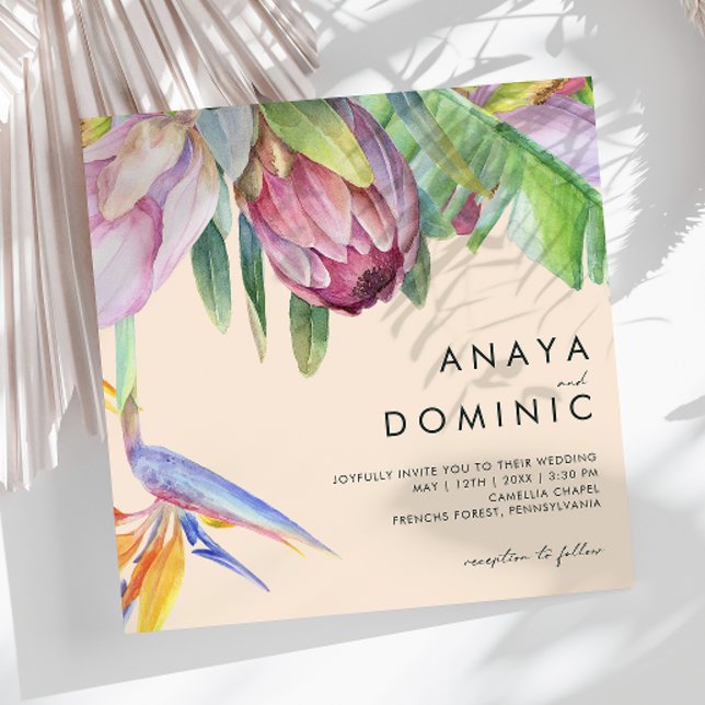 Färgfull tropisk Blommigt | Persikofärgad kvadrat  Inbjudningar (Skapare uppladdad)
