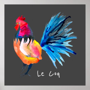 Färgfull tupp vattenfärg Le Coq-djur poster