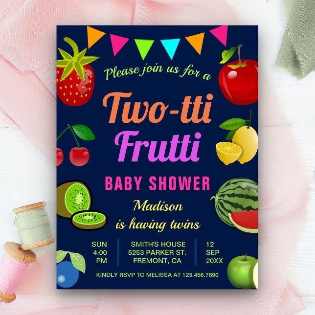 Färgfull Tutti Frutti Twillingars Baby Shower Inbjudan Vykort (Skapare uppladdad)