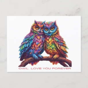 Färgfull Uggla-Love birds-Alla hjärtans dag Vykort