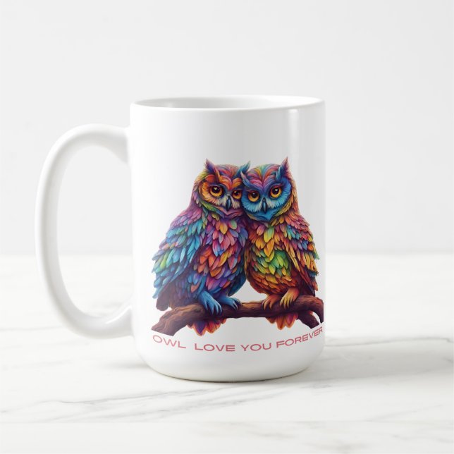 Färgfull Uggla-Love birds-Valentindag-gåva- Kaffemugg (Vänster)
