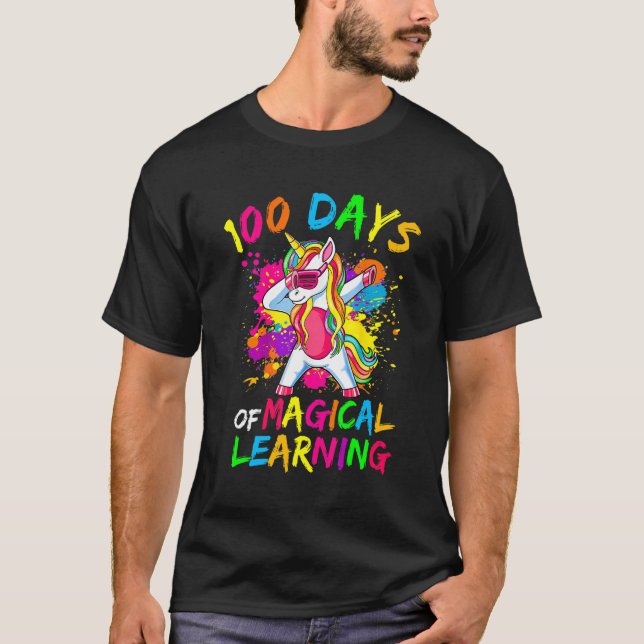 Färgfull Unicorn 100 Days of Magic Learning Sch T Shirt (Framsida)