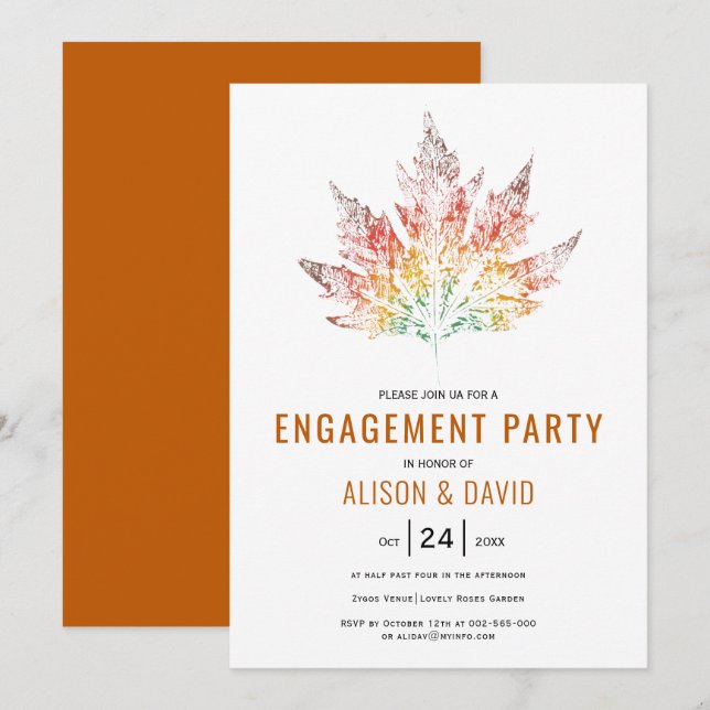 Färgfull utskrift av bränd orange i löv party inbjudningar (Fram/baksida)