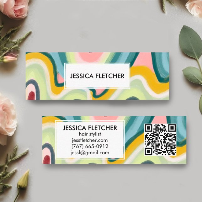 Färgfull Vågigt Rand-minimalistisk Coola QR-kod Mini Visitkort (Wavy colorful pattern on these custom mini business cards with QR code.)