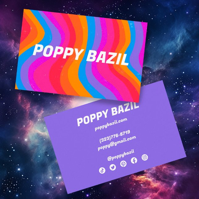 Färgfull Vågigt Rand minimalistiskt regnbåge fet Visitkort (Colorful rainbow stripes decorate this fun custom business cards with social media icons
)