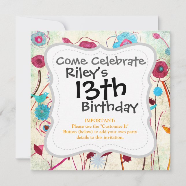 Färgfull Vår blommor Birds Mulberry Blue-Orange Inbjudningar (Framsida)