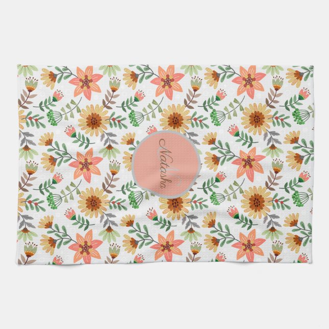 Färgfull Vår blommor Girly Namn Monogram Kökshandduk (Horisontell)