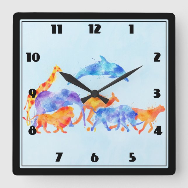 Färgfull vattenfärgad Vild Djurbesättning som driv Fyrkantig Klocka (Framsida)