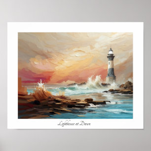 Färgfull vattenfärgsfärg Seaside Lighthouse vid Da Poster