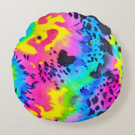 Färgfull Vild Cheetah Tye Dye Mönster Rund Kudde