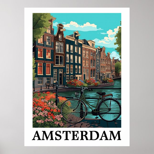 Färgfull Vintage Amsterdam Nederländerna Kanalvy Poster (Framsidan)