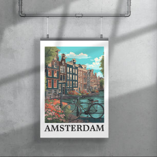 Färgfull Vintage Amsterdam Nederländerna Kanalvy Poster
