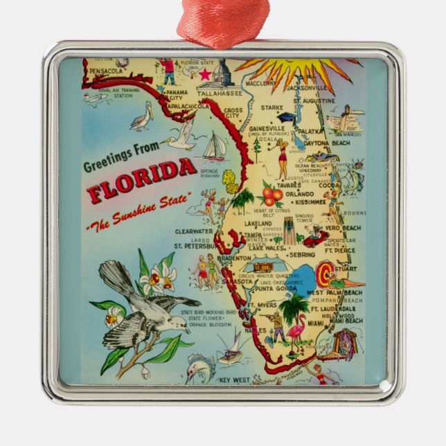Färgfull Vintage Florida Karta Julgransprydnad Metall (Framsidan)