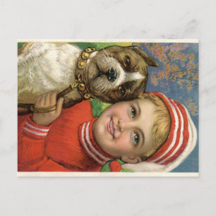 Färgfull Vintage Lithograf of Young Boy and Hund Vykort
