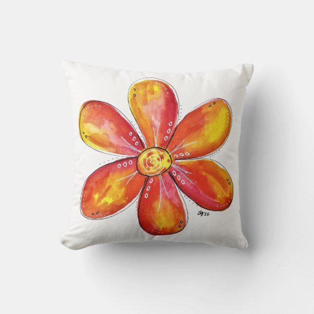 Färgfull visklik Orange och Gult blomma Kudde (Framsida)