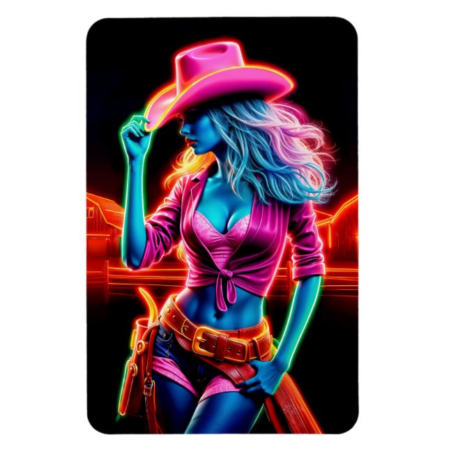 Färgfull western flicka med rosa cowboyhatt konst magnet (Vertikal)