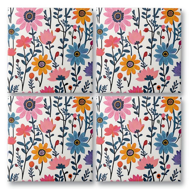 Färgfull Whimsic Folk Art-Blommigt Kakelplatta (Skapare uppladdad)