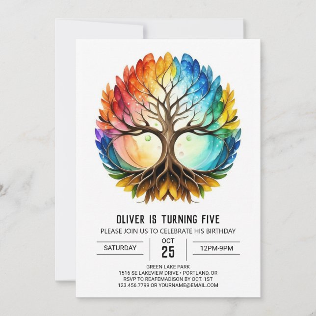 Färgfull Whimsical Livets träd Birthday Inbjudningar (Framsida)