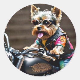 Färgfull Yorkie-Hund på motorcykelmärke Runt Klistermärke